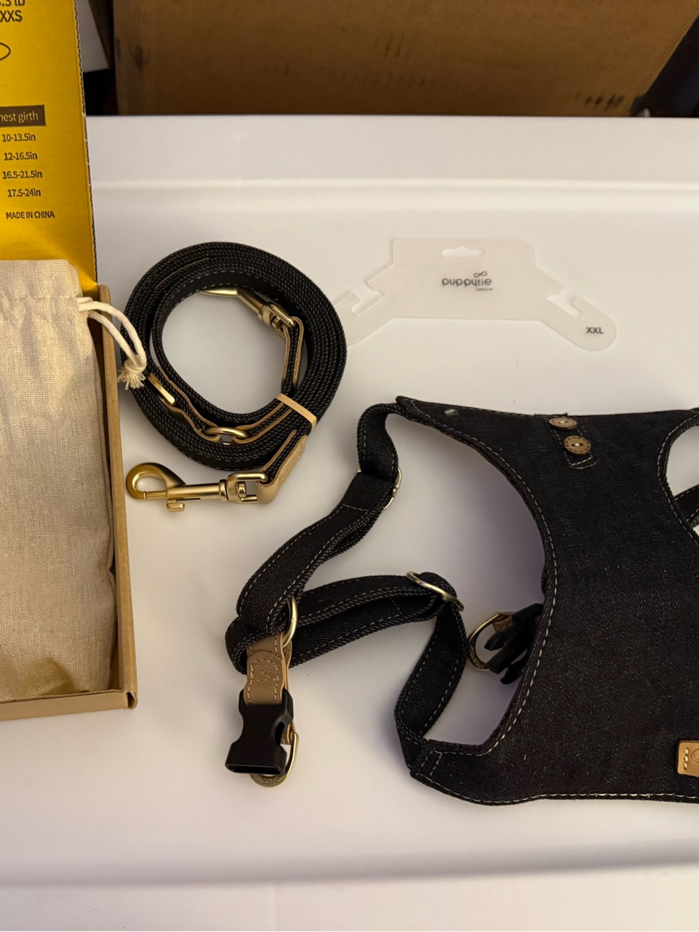 Puppytie Black Denim Dog Harness & Leash Set with Gold Hardware